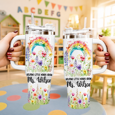 Personalized Teacher Tumbler 40oz with Handle, Rainbow Floral Teacher Cup, Custom Teacher Name Gift, Teacher Appreciation Gift, Back to School Gift
