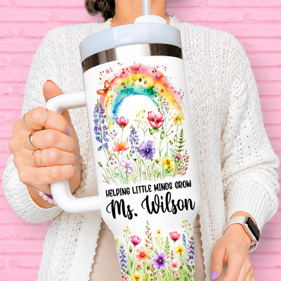 Personalized Teacher Tumbler 40oz with Handle, Rainbow Floral Teacher Cup, Custom Teacher Name Gift, Teacher Appreciation Gift, Back to School Gift