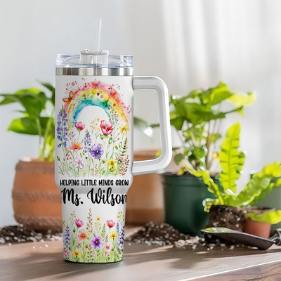 Personalized Teacher Tumbler 40oz with Handle, Rainbow Floral Teacher Cup, Custom Teacher Name Gift, Teacher Appreciation Gift, Back to School Gift