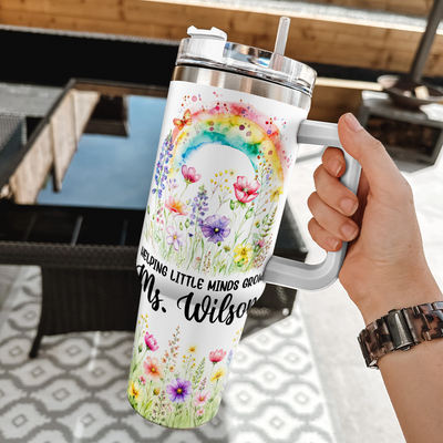 Personalized Teacher Tumbler 40oz with Handle, Rainbow Floral Teacher Cup, Custom Teacher Name Gift, Teacher Appreciation Gift, Back to School Gift