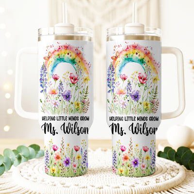 Personalized Teacher Tumbler 40oz with Handle, Rainbow Floral Teacher Cup, Custom Teacher Name Gift, Teacher Appreciation Gift, Back to School Gift