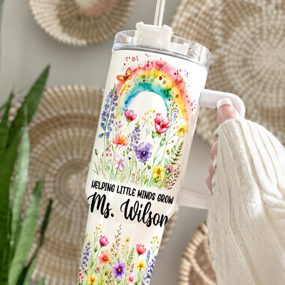 Personalized Teacher Tumbler 40oz with Handle, Rainbow Floral Teacher Cup, Custom Teacher Name Gift, Teacher Appreciation Gift, Back to School Gift