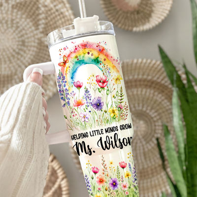 Personalized Teacher Tumbler 40oz with Handle, Rainbow Floral Teacher Cup, Custom Teacher Name Gift, Teacher Appreciation Gift, Back to School Gift