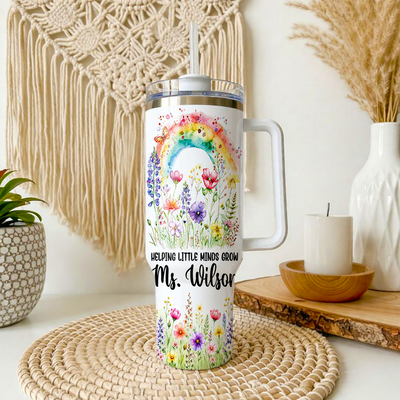Personalized Teacher Tumbler 40oz with Handle, Rainbow Floral Teacher Cup, Custom Teacher Name Gift, Teacher Appreciation Gift, Back to School Gift