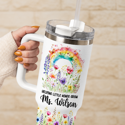 Personalized Teacher Tumbler 40oz with Handle, Rainbow Floral Teacher Cup, Custom Teacher Name Gift, Teacher Appreciation Gift, Back to School Gift
