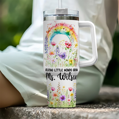Personalized Teacher Tumbler 40oz with Handle, Rainbow Floral Teacher Cup, Custom Teacher Name Gift, Teacher Appreciation Gift, Back to School Gift