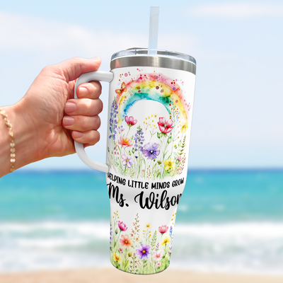 Personalized Teacher Tumbler 40oz with Handle, Rainbow Floral Teacher Cup, Custom Teacher Name Gift, Teacher Appreciation Gift, Back to School Gift